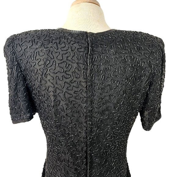 80s Black Silk Beaded Sheath Dress Short Sleeve Round Neck Laurence Kazar Sz 8 - Picture 10 of 11